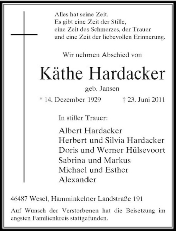 Traueranzeige von Käthe Hardacker von Rheinische Post
