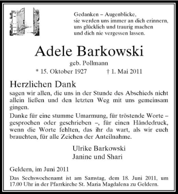 Traueranzeige von Adele Barkowski von Rheinische Post
