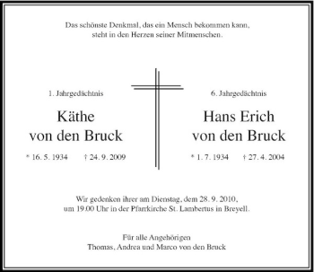 Traueranzeige von Käthe von den Bruck von Rheinische Post