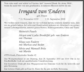 Traueranzeige von Irmgard van Endern von Rheinische Post