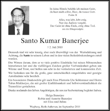 Traueranzeige von Santo Kumar Banerjee von Rheinische Post