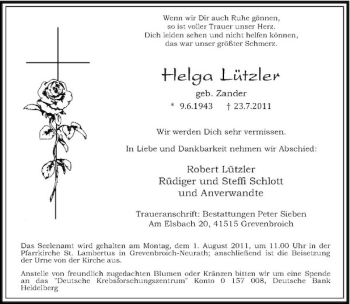 Traueranzeige von Helga Lützler von Rheinische Post