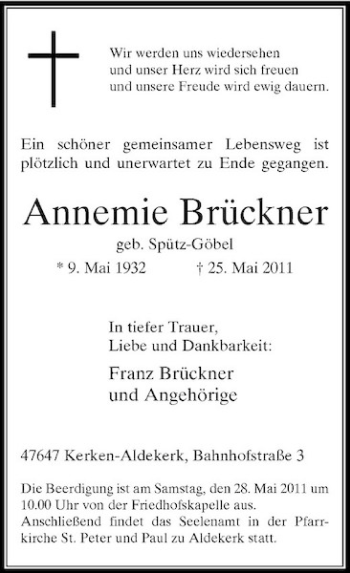 Traueranzeige von Annemie Brückner von Rheinische Post