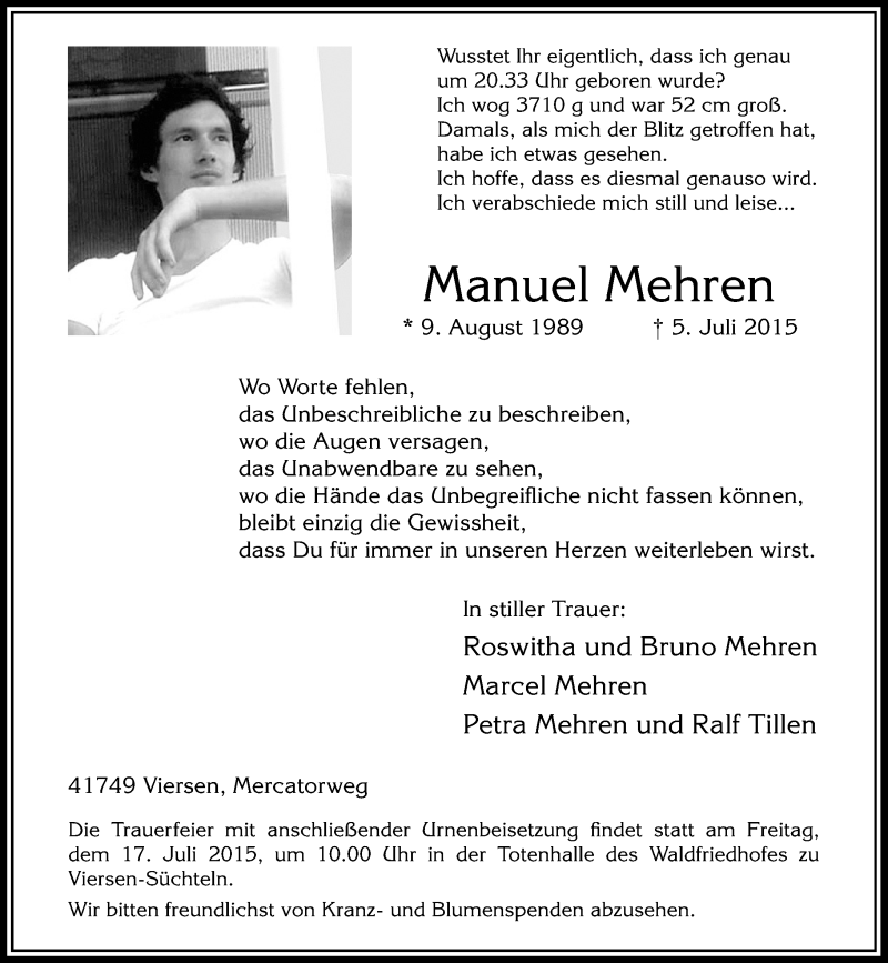  Traueranzeige für Manuel Mehren vom 11.07.2015 aus Rheinische Post