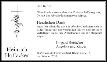 Traueranzeige von Heinrich Hoffacker von Rheinische Post