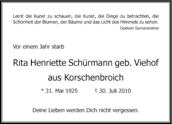 Traueranzeige von Rita Henriette Schürmann von Rheinische Post