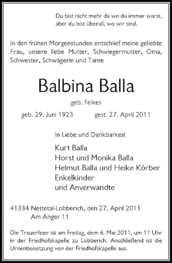 Traueranzeige von Balbina Balla von Rheinische Post