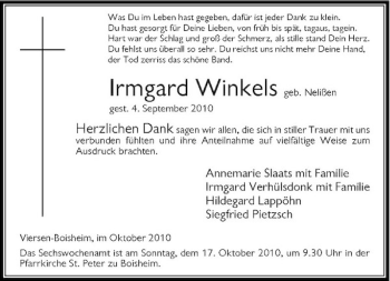 Traueranzeige von Irmgard Winkels von Rheinische Post