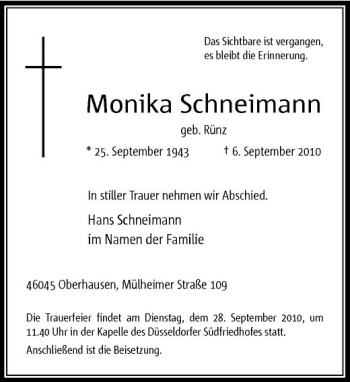 Traueranzeige von Monika Schneimann von Rheinische Post