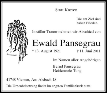 Traueranzeige von Ewald Pansegrau von Rheinische Post