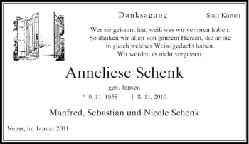 Traueranzeige von Anneliese Schenk von Rheinische Post