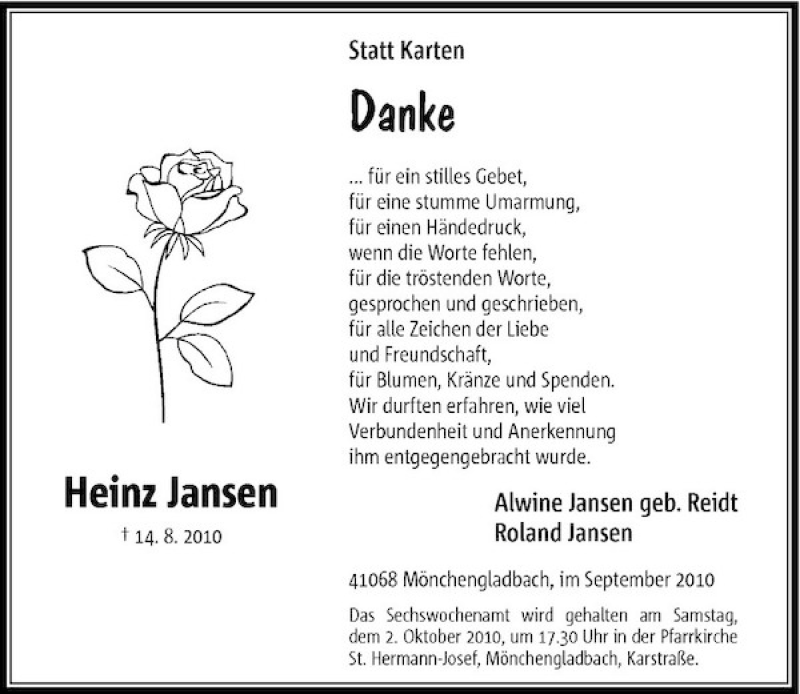  Traueranzeige für Heinz Jansen vom 25.09.2010 aus Rheinische Post