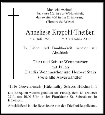 Traueranzeige von Anneliese Krapohl-Theißen von Rheinische Post