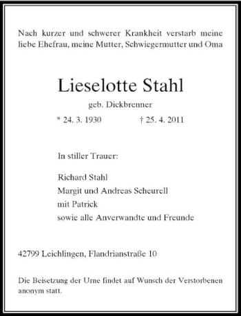 Traueranzeige von Lieselotte Stahl von Rheinische Post