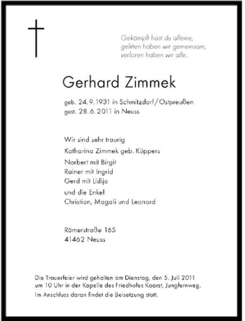 Traueranzeige von Gerhard Zimmek von Rheinische Post