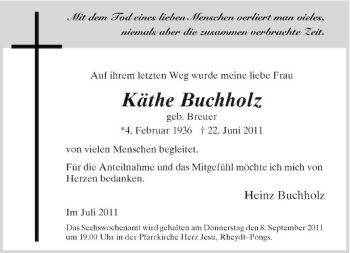 Traueranzeige von Käthe Buchholz von Rheinische Post