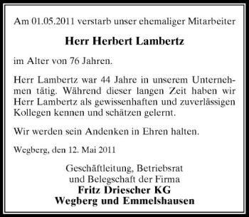 Traueranzeige von Herbert Lambertz von Rheinische Post