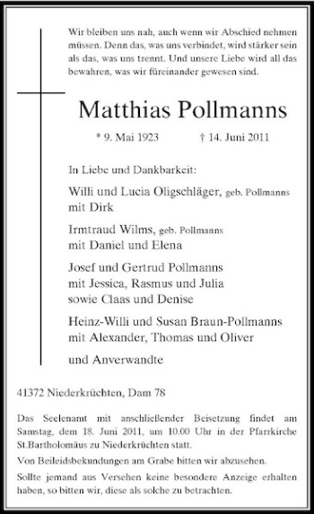 Traueranzeige von Matthias Pollmanns von Rheinische Post