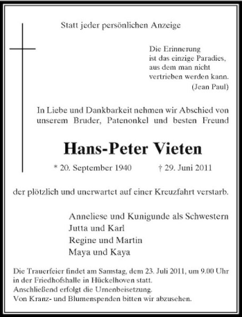 Traueranzeige von Hans-Peter Vieten von Rheinische Post