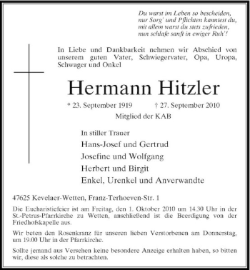 Traueranzeige von Hermann Hitzler von Rheinische Post