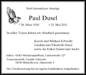 Traueranzeige von Paul Dusel von Rheinische Post