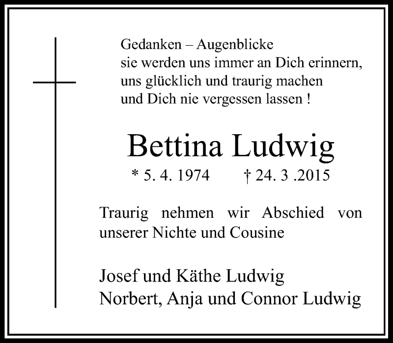  Traueranzeige für Bettina Ludwig vom 20.06.2015 aus Rheinische Post