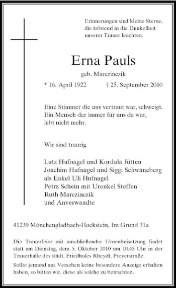 Traueranzeige von Erna Pauls von Rheinische Post