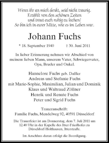 Traueranzeige von Johann Fuchs von Rheinische Post