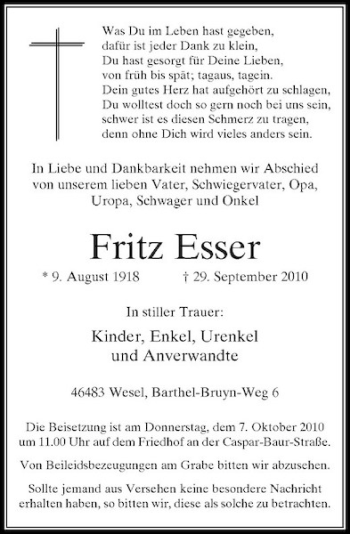Traueranzeige von Fritz Esser von Rheinische Post
