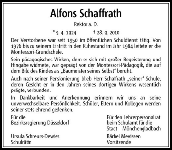 Traueranzeige von Alfons Schaffrath von Rheinische Post