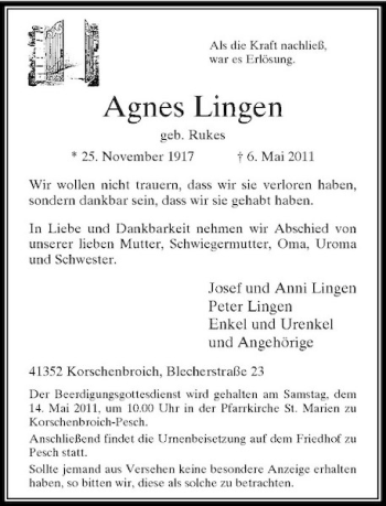 Traueranzeige von Agnes Lingen von Rheinische Post
