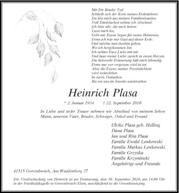 Traueranzeige von Heinrich Plasa von Rheinische Post