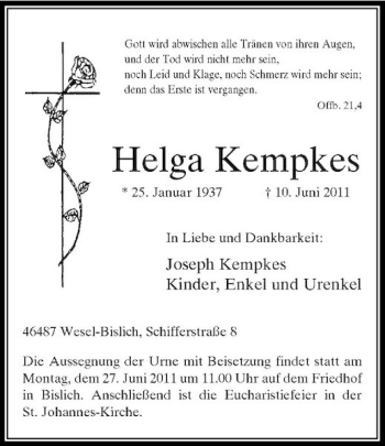 Traueranzeige von Helga Kempkes von Rheinische Post