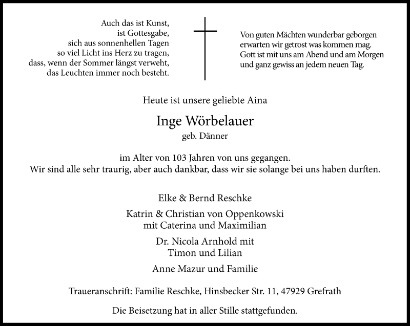  Traueranzeige für Inge Wörbelauer vom 11.07.2015 aus Rheinische Post