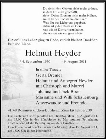 Traueranzeige von Helmut Heyder von Rheinische Post