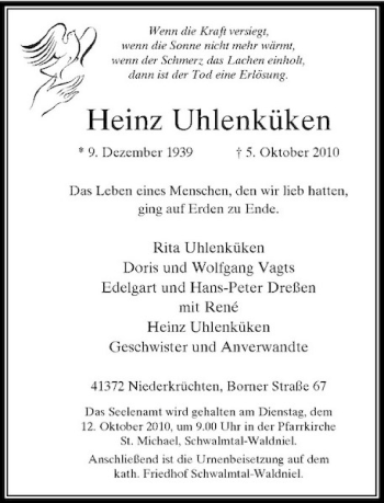 Traueranzeige von Heinz Uhlenküken von Rheinische Post
