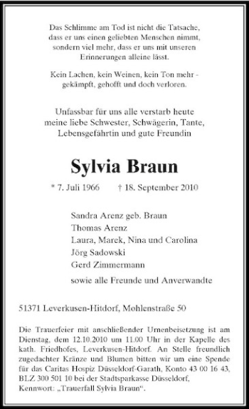 Traueranzeige von Sylvia Braun von Rheinische Post
