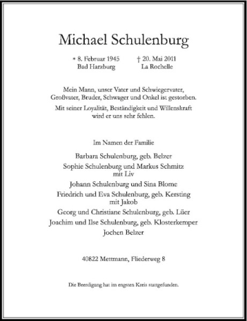 Traueranzeige von Michael Schulenburg von Rheinische Post