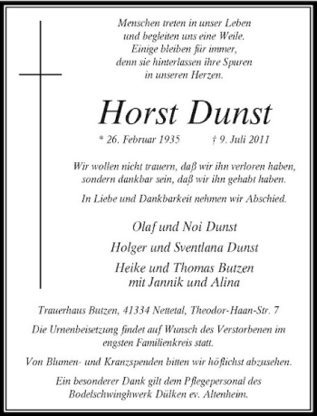 Traueranzeige von Horst Dunst von Rheinische Post