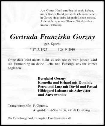 Traueranzeige von Gertruda Franziska Gorzny von Rheinische Post