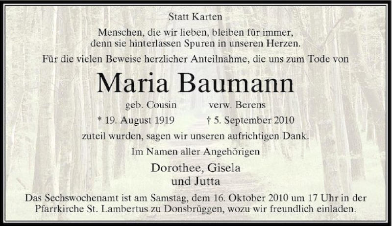  Traueranzeige für Maria Baumann vom 09.10.2010 aus Rheinische Post