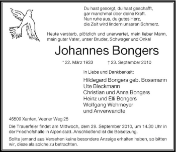 Traueranzeige von Johannes Bongers von Rheinische Post