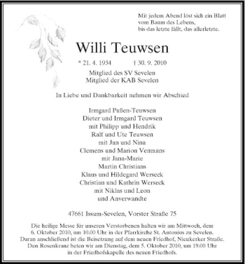 Traueranzeige von Willi Teuwsen von Rheinische Post