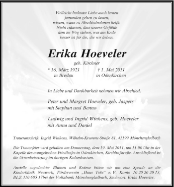 Traueranzeige von Erika Hoeveler von Rheinische Post