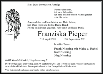 Traueranzeige von Franziska Pieper von Rheinische Post