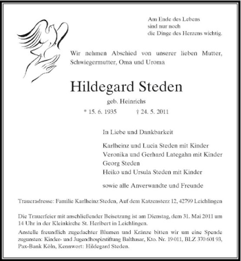 Traueranzeige von Hildegard Steden von Rheinische Post