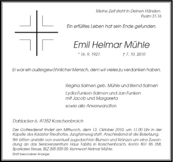 Traueranzeige von Emil Helmar Mühle von Rheinische Post