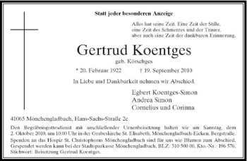 Traueranzeige von Gertrud Koentges von Rheinische Post