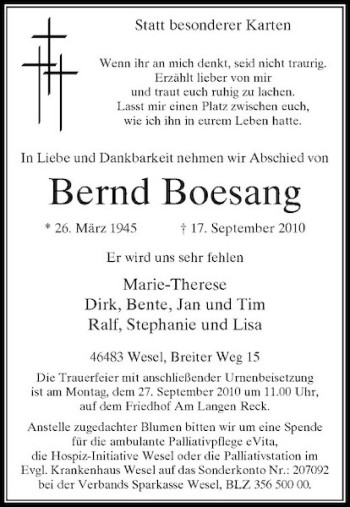 Traueranzeige von Bernd Boesang von Rheinische Post