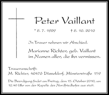 Traueranzeige von Peter Vaillant von Rheinische Post